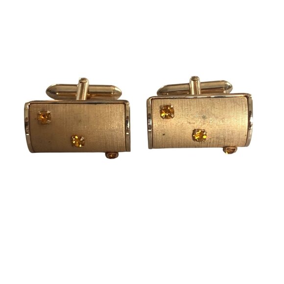 Vintage Swank Gold Tone Barrel Cufflinks Orange Rhinestone Mod Mid Century - Picture 2 of 6